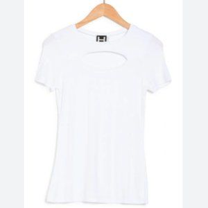 H By Bordeaux Short Sleeve Center Cutout Mini Ribbed Knit Top In White - Size M